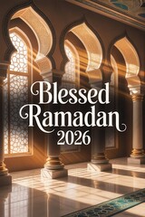 Blessed Ramadan 2026 greeting with beautiful mosque interior