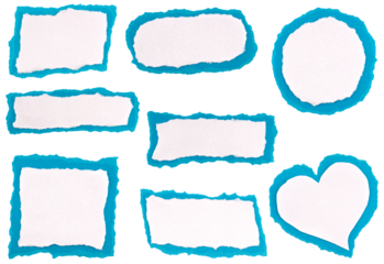 Blue and white torn paper frames and heart shapes isolated