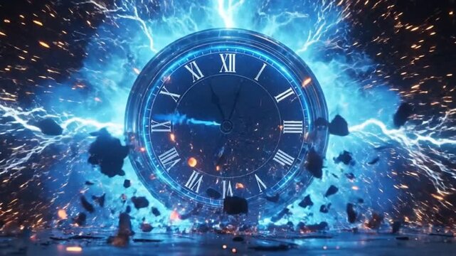 Stunning digital clock with blue energy and lightning effects.