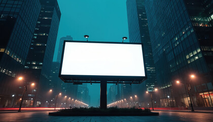 Blank digital billboard lights up city street at night with glowing screen. Tall modern buildings surround empty ad space. Busy urban downtown avenue with car light trails.