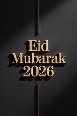 Eid Mubarak 2026 celebration with elegant gold text on dark background