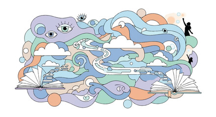Obraz premium Surreal Doodle Art Landscape with Floating Eyes, Clouds, and a Flowing River in Pastel Colors