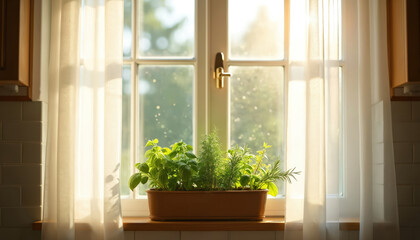 Fresh herb planter sits on kitchen window sill. Soft sheer curtains frame sunny view. Green basil rosemary thyme grow indoors. Natural light enhances kitchen decor.