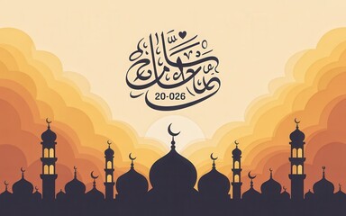 Beautiful Islamic mosque silhouette at sunset with Arabic calligraphy