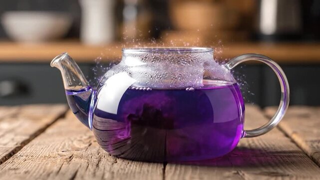 Pouring hot water into a glass teapot with blue butterfly pea tea, changing color to purple on a wooden table.