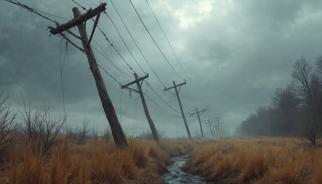 Row of power poles lean precariously after a storm. Wires hang low over a dry grass field and muddy stream. Leafless trees line the background under a dark cloudy sky.