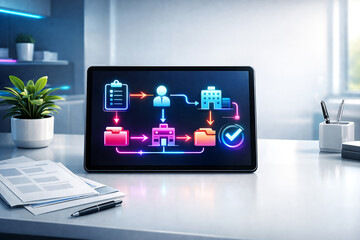 Digital tablet on office desk showing glowing business workflow diagram