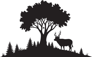 Moody dark enchanted forest silhouette featuring dense trees, mysterious woodland shapes, and a magical atmosphere