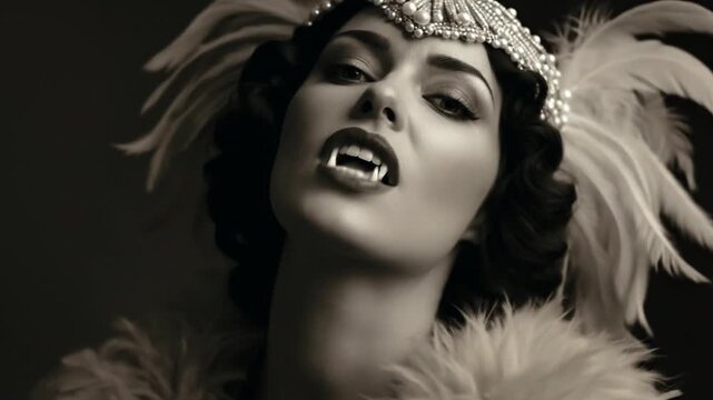 Monochrome Ultra Close-Up of 1930s Style Vampire Diva with Feathers and Pearls Posing and Revealing Fangs