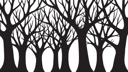 Moody dark enchanted forest silhouette featuring dense trees, mysterious woodland shapes, and a magical atmosphere