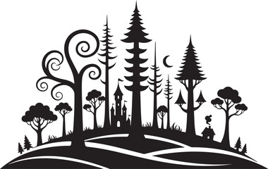 Moody dark enchanted forest silhouette featuring dense trees, mysterious woodland shapes, and a magical atmosphere