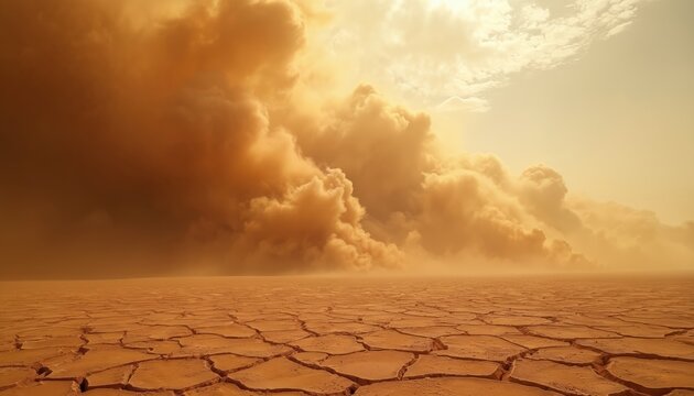 Giant dust storm advances across parched cracked earth. Arid desert landscape under hazy orange sky. Dry ground shows fissures. Extreme weather conditions approach.