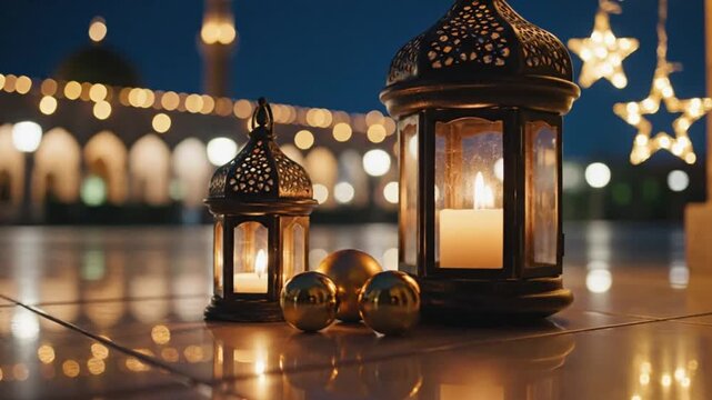 Warm lanterns and golden ornaments on a reflective surface with a blurred ramadhan background at night