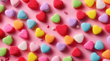 Playful Valentine's background: scattered conversation heart candies in bright colors against a light pink background.