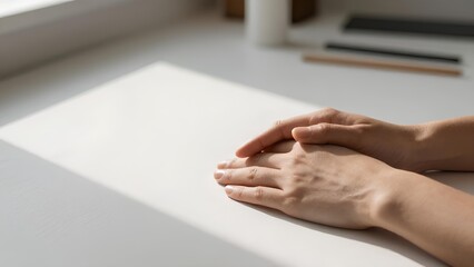 close-up of hands resting calmly, soft shadows