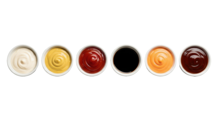Six small white ceramic bowls with vibrant dipping sauces, flat lay overhead on a light-grey textured background, soft studio lighting, concept of culinary variety and choice