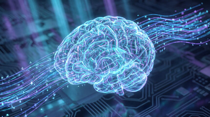Digital human brain hologram with glowing neural networks and data streams over futuristic blue circuit board background