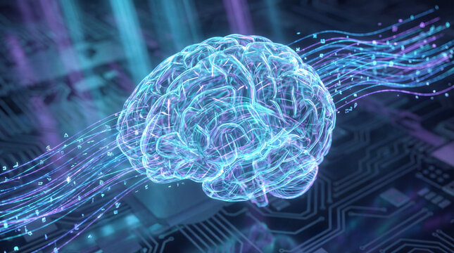Digital human brain hologram with glowing neural networks and data streams over futuristic blue circuit board background - Powered by Adobe