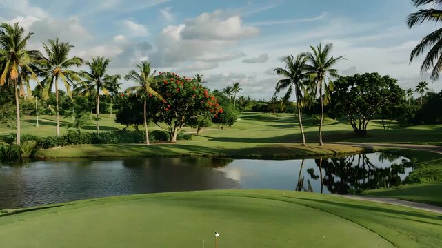 Luxurious tropical golf course green with palm trees water hazard and bunker on a beautifu