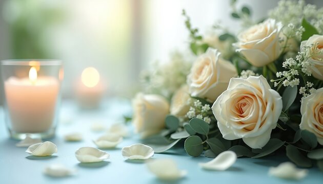 Cream roses and baby breath flowers arranged with eucalyptus leaves. A lit candle and scattered petals rest on a blue table creating a calm, somber mood for remembrance.