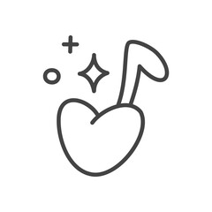 Cute musical note icon. Monochrome illustration of musical symbol in a cute heart shape with tiny sparkles. Kawaii sticker. Vector 10 EPS.