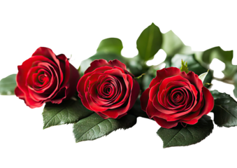 Three red roses lay with green leaves on a black surface