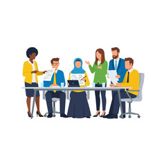 Fototapeta premium Diverse business professionals collaborating in a meeting, discussing documents and data around a table.