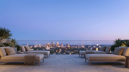 Fototapeta premium Modern Rooftop Terrace with City Skyline at Sunset