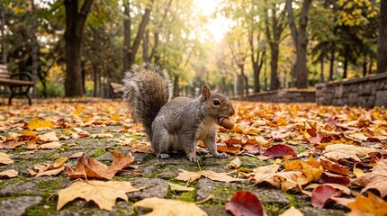 Autumn Squirrel with Acorn in Sunny Park