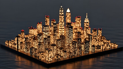 Illuminated cityscape model with glowing skyscrapers on water