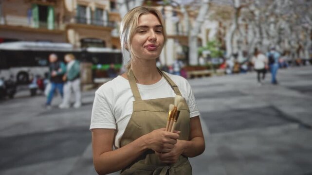 Young blonde woman holding makeup brush and wearing khaki apron while puckering lips on busy city street plaza; urban creativity playful.