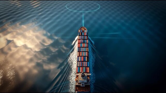 Futuristic cargo ship sailing through digital compass overlay in dark ocean, concept of smart maritime navigation and global logistics