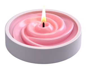 A pink rose-shaped candle burns in a round white container