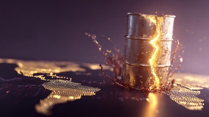 Breaking News: Global Energy Crisis Symbolized by a Cracked Oil Drum Spilling Over World Map and Stock Charts