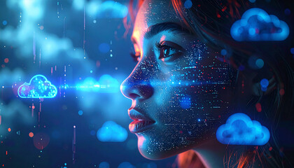 Digital Dreamscape: A futuristic portrait, merging a serene face with an ethereal digital cloudscape, symbolizing innovation, connection, and the boundless potential of technology.