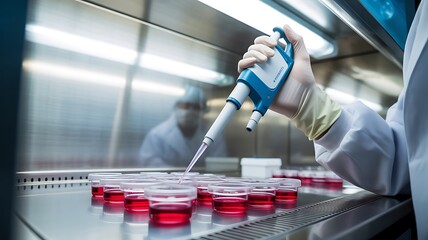 Biotechnology scientist transferring liquid, scientific medical lab work