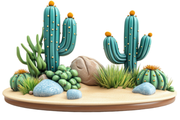 Desert scene with stylized cacti, succulents, and stones