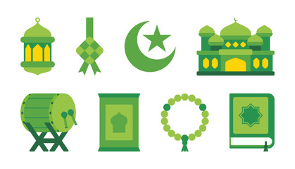 A collection of Islamic decorative elements, illustration of mosque, lantern, the Quran, and traditional ornaments.