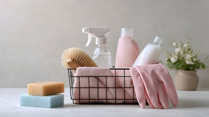 Cleaning supplies are organized in a wire basket on a neutral surface. The setup includes gloves, brushes, spray bottles, and sponges. Soft lighting highlights the arrangement