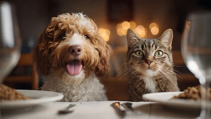 dog and a cat are sitting at the dining table, both eating heartily, smiling happily