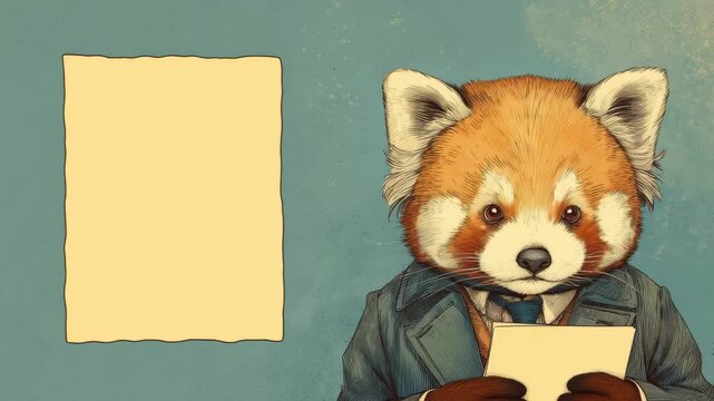 Red panda in a suit holding a paper stands against a blue background during a creative art event in a gallery space on a sunny day