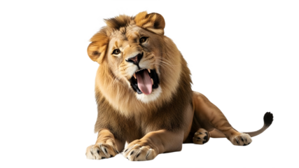 Majestic Male Lion Roaring or Yawning, Lying Down with Open Mouth isolated PNG with Transparent Background