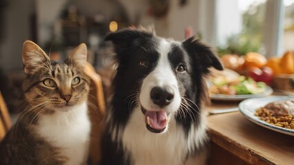 dog and a cat are sitting at the dining table, both eating heartily, smiling happily
