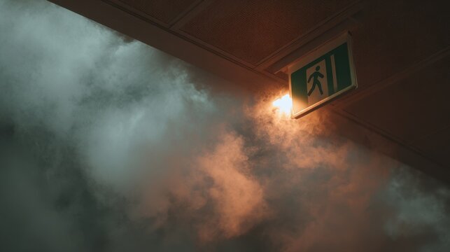 An emergency exit sign lights up as a figure runs through smoke and dim light in a building. This scene represents urgency and the need for evacuation during a fire