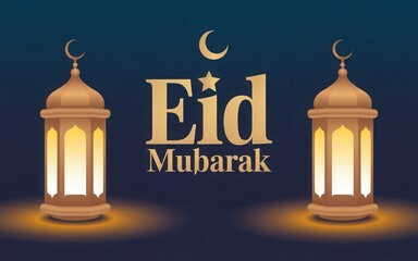 Eid Mubarak celebration with traditional lanterns and crescent moon