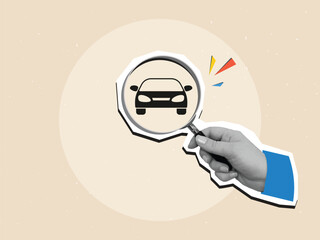 A person looks through magnifying glass at a car silhouette. Modern collage style. Vector illustration
