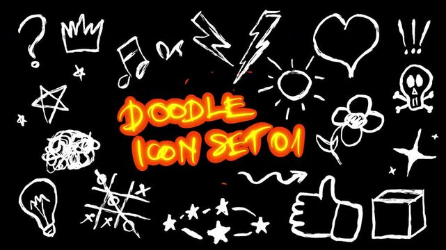 FX sketchy doodle cute wiggle animated icons - question mark, exclamation, crown, music notes, stars, sun, heart, arrows, skull, light bulb and otheres, VFX with alpha channel