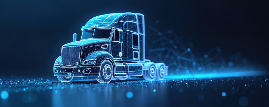 Wireframe semi truck shown with glowing blue lines. Digital network graphic displays connections and data points. Futuristic transport concept art for logistics industry.
