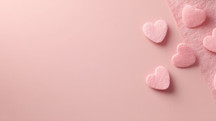 Soft pastel pink paper serves as a background with scattered paper heart shapes on one side. The layout provides ample space for text or graphic design. Soft diffused lighting enhances the look