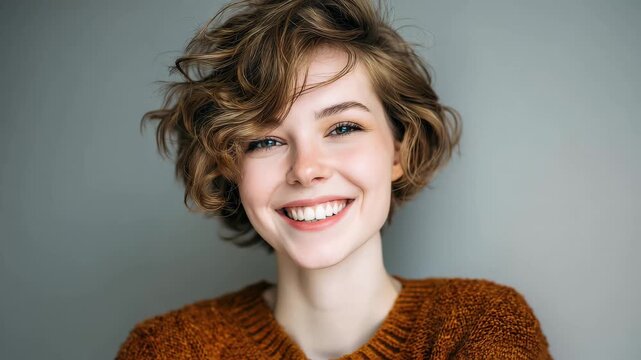 Woman smiles in a cozy sweater while sitting against a gray wall in a simple indoor setting during daytime